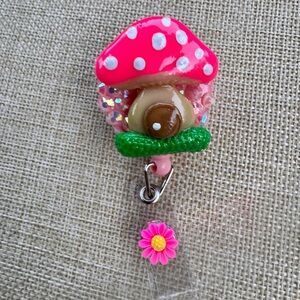 Pink Mushroom badge reel on pink rhinestones
